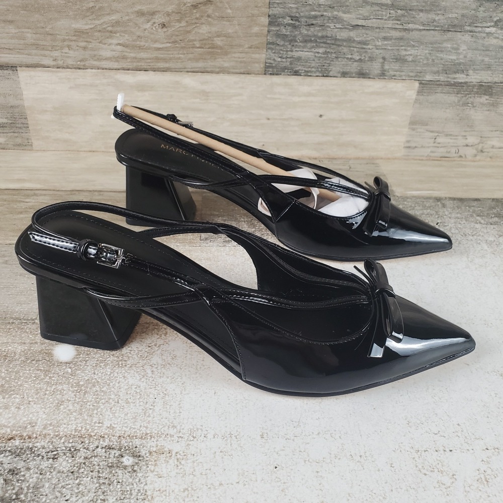 Marc Fisher Laily Women Pump Sz 7.5 Black Patent Pointy Toe Block Heel Slingback